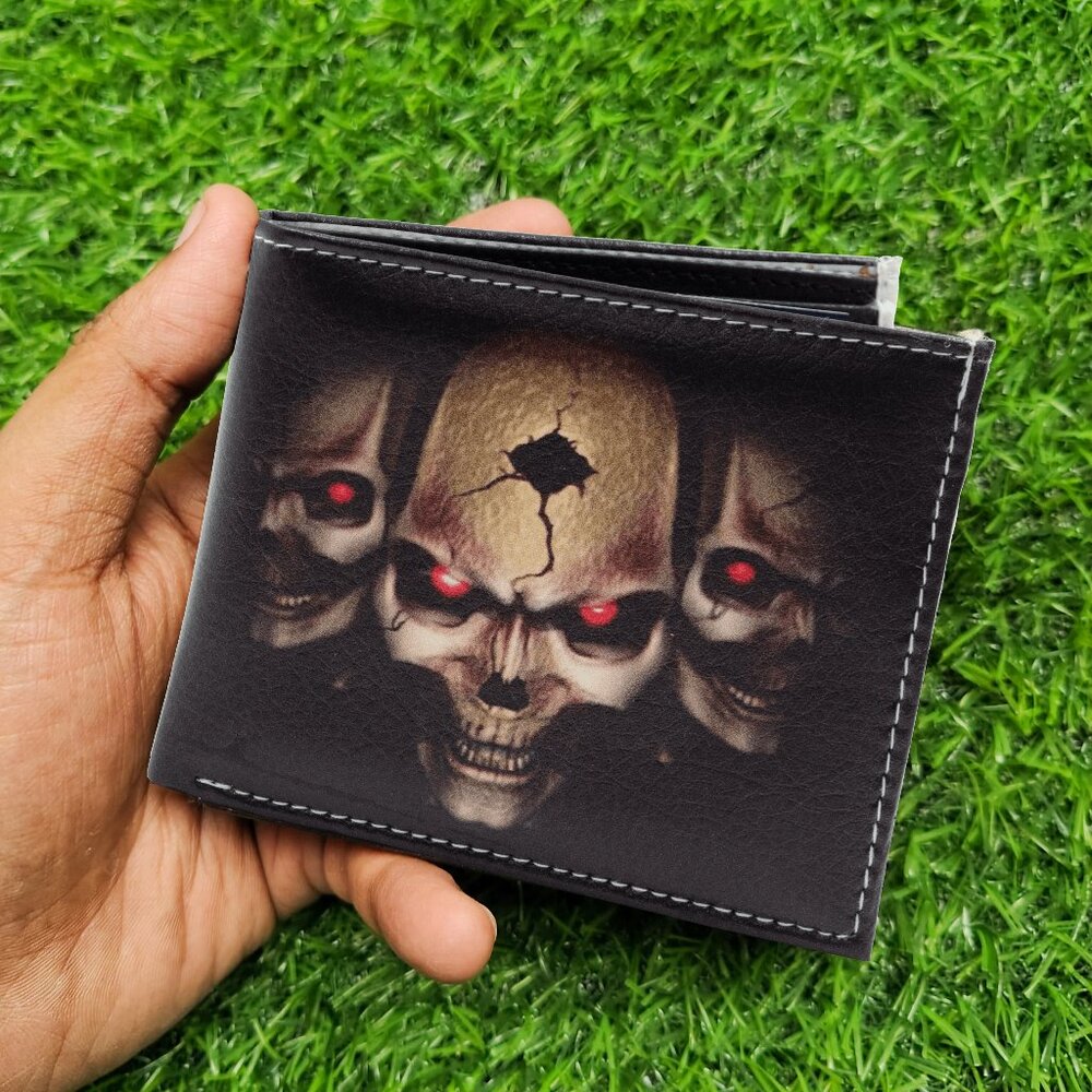 Three Skull Bifold Wallet for Men, Vegan Leather Printed Wallet